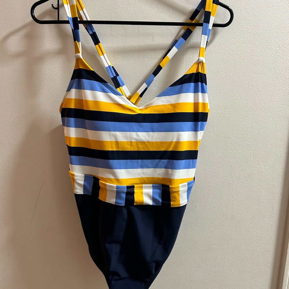 Kona Sol‎ Strappy Navy Stripe Swimsuit One-Piece 14W Plus Blue White Yellow